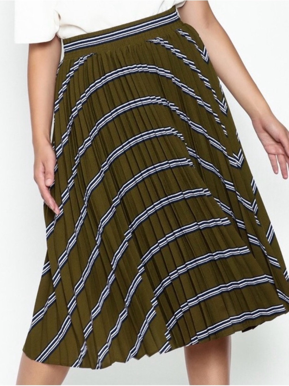 Pleated Olive Green Midi Skirt with Navy & White Stripes